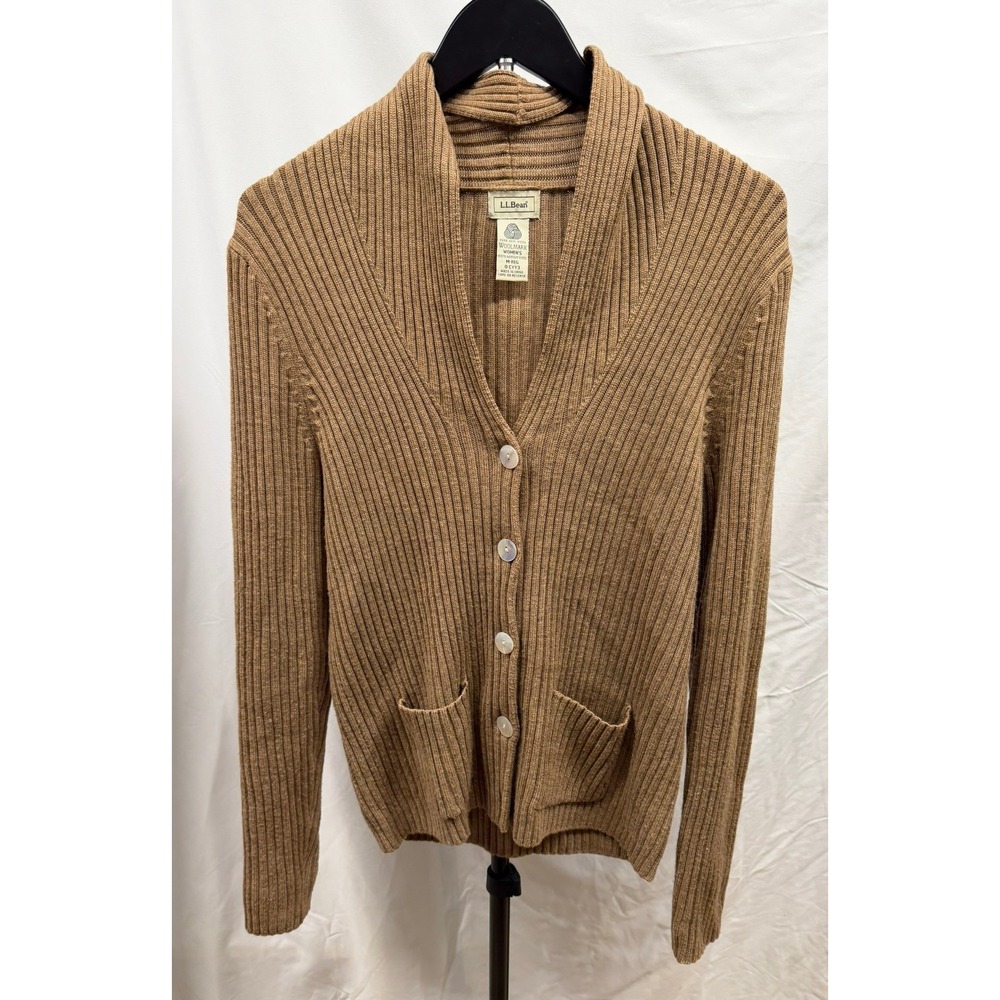 VTG 90's LL Bean Women's Tan Chunky Knit Ribbed 100% Merino Wool V-neck Cardi M